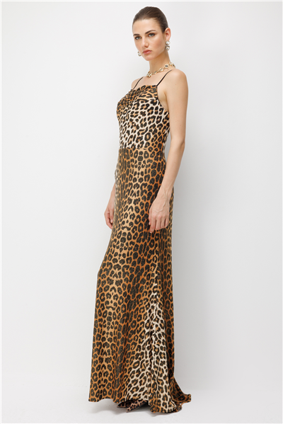 Mi Degaje Yaka Simli Leopar Desenli Elbise Leopar