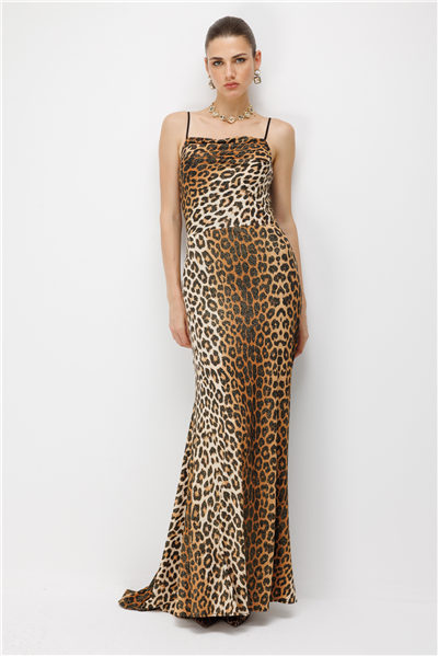 Mi Degaje Yaka Simli Leopar Desenli Elbise Leopar