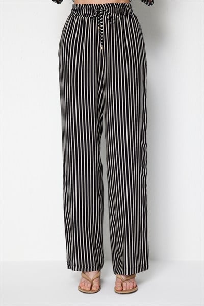 Mi Beli Lastikli Desenli Geniş Paça Pantolon SİYAH-CZGL