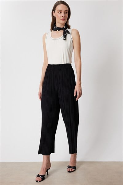Mi Beli Lastikli Piliseli Bol Paça Pantolon SIYAH