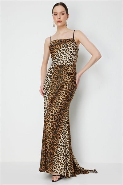 Mi Degaje Yaka Simli Leopar Desenli Elbise LEOPAR
