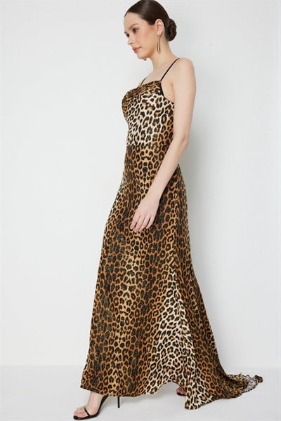 Mi Degaje Yaka Simli Leopar Desenli Elbise LEOPAR