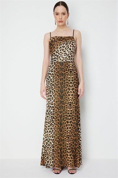 Mi Degaje Yaka Simli Leopar Desenli Elbise LEOPAR
