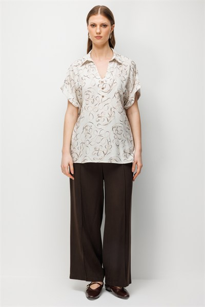 Mi Desenli V Yaka Bluz BEJ