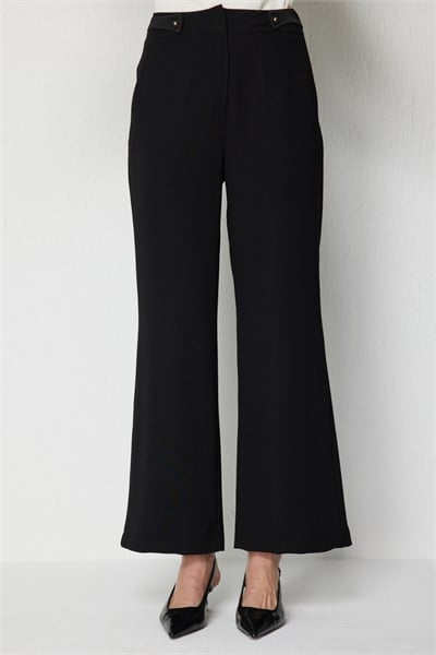 Mi Düğme Detaylı Geniş Paça Pantolon SIYAH
