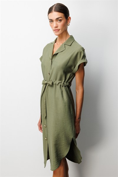 Mi Düğmeli Kemerli Midi Elbise HAKI