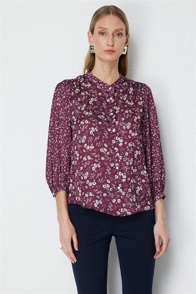 Mi Hakim Yaka Çiçek Desenli Gömlek BORDO DESENLİ