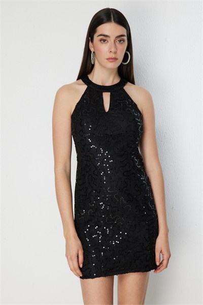 Mi Halter Yaka Payetli Dantelli Kısa Elbise SIYAH
