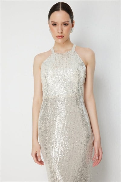 Mi Halter Yaka Pul Payetli Elbise GOLD