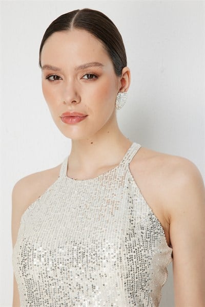 Mi Halter Yaka Pul Payetli Elbise GOLD