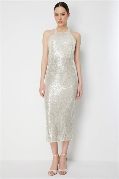 Mi Halter Yaka Pul Payetli Elbise GOLD