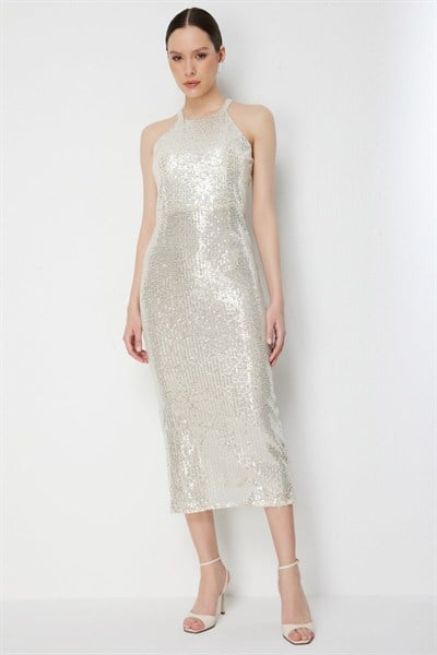 Mi Halter Yaka Pul Payetli Elbise GOLD
