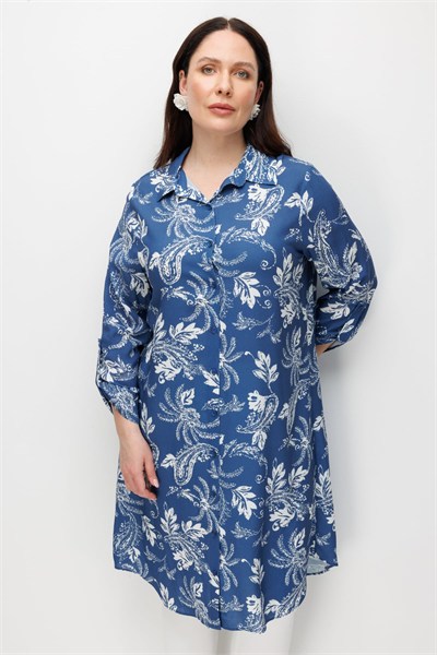 Mi Kolu Katlamalı Çizgili Tunik INDIGO