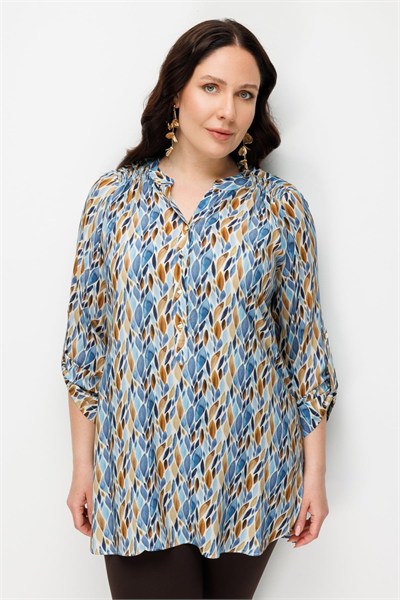 Mi Omuzları Büzgülü Düğme Detaylı Tunik BLUE
