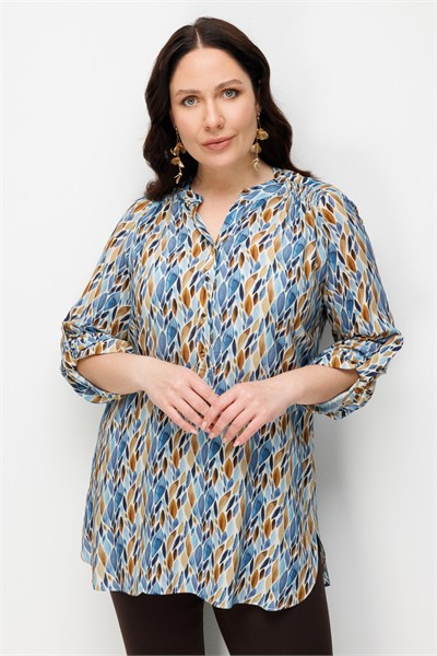 Mi Omuzları Büzgülü Düğme Detaylı Tunik BLUE