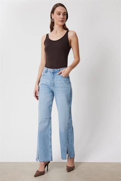 Mi Önü Yırtmaçlı Geniş Paça Kot Pantolon INDIGO