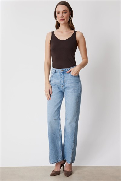 Mi Önü Yırtmaçlı Geniş Paça Kot Pantolon INDIGO