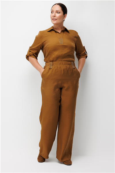 Mi Taş Yapıştırmalı Bol Paça Pantolon Camel