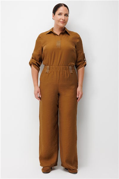 Mi Taş Yapıştırmalı Bol Paça Pantolon Camel