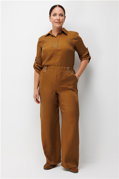 Mi Taş Yapıştırmalı Bol Paça Pantolon Camel