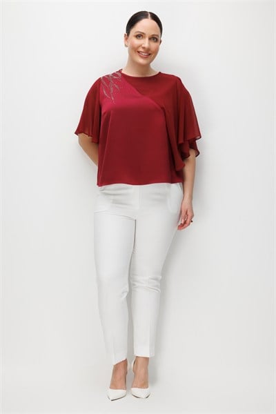 Mi Taş Yapıştırmalı Saten Bluz BORDO