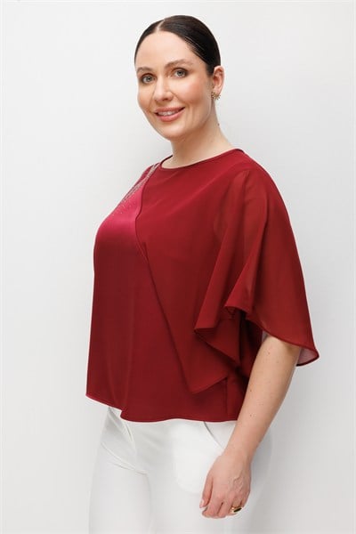 Mi Taş Yapıştırmalı Saten Bluz BORDO