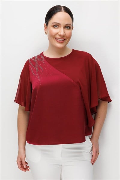 Mi Taş Yapıştırmalı Saten Bluz BORDO