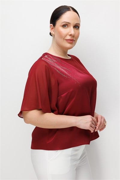 Mi Taş Yapıştırmalı Saten Bluz BORDO