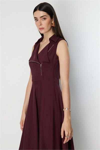 Mi Yakası Fermuarlı Midi Elbise BORDO