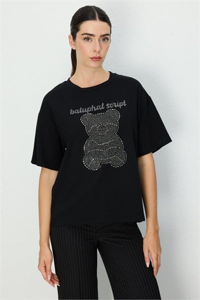 O Taşlı Ayıcık Baskılı Tişört SIYAH