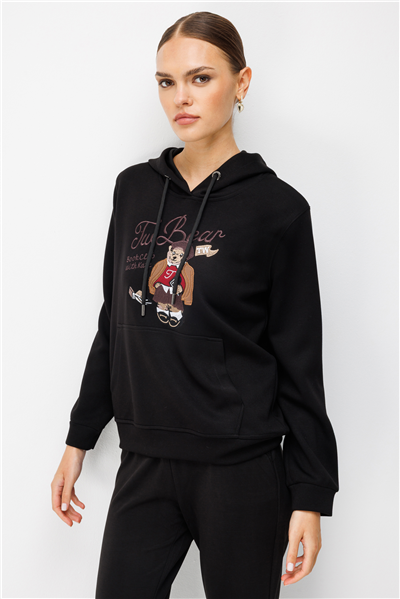 On Ayıcık Baskılı Kapüşonlu Sweatshirt Siyah