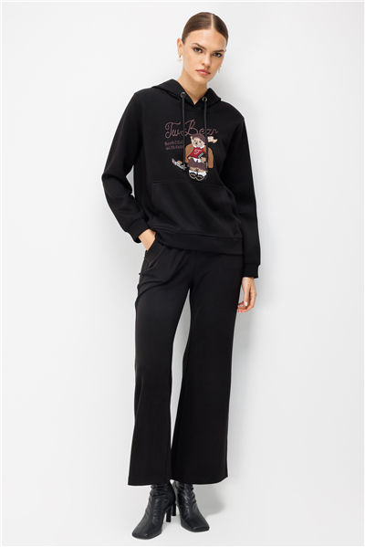 On Ayıcık Baskılı Kapüşonlu Sweatshirt Siyah
