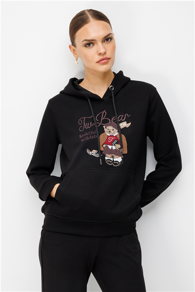 On Ayıcık Baskılı Kapüşonlu Sweatshirt Siyah