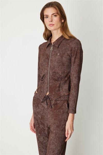 On Batik Desenli Beli Büzgülü Hırka KAHVE