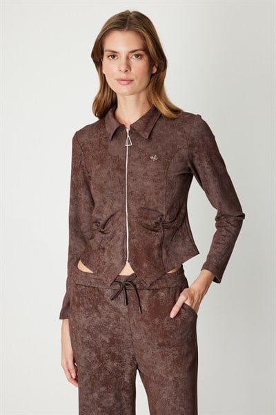 On Batik Desenli Beli Büzgülü Hırka KAHVE