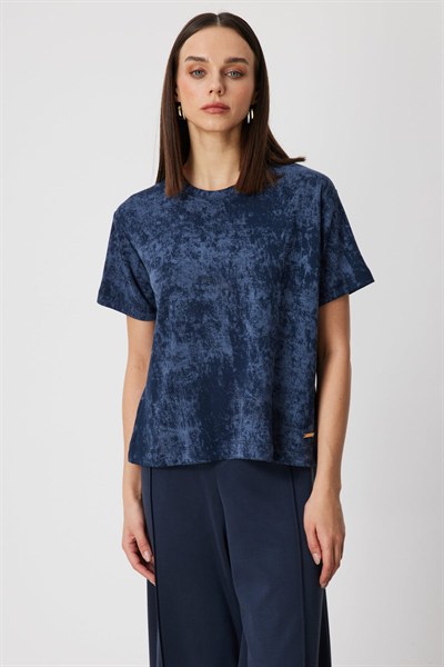 On Batik Desenli Kısa Kollu Bluz INDIGO