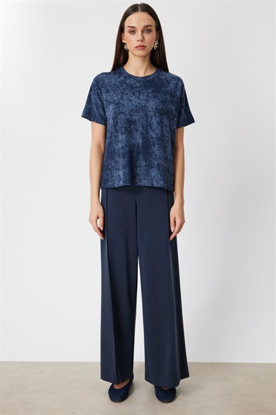 On Batik Desenli Kısa Kollu Bluz INDIGO