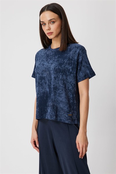On Batik Desenli Kısa Kollu Bluz INDIGO