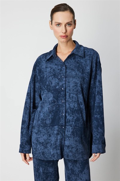On Batik Desenli Uzun Gömlek INDIGO