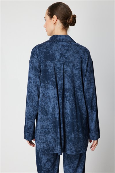 On Batik Desenli Uzun Gömlek INDIGO
