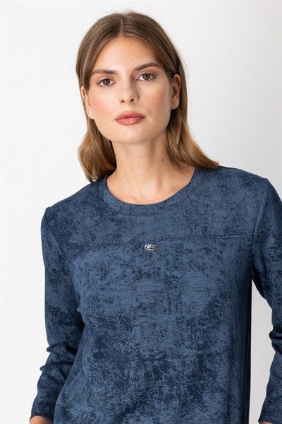 On Batik Desenli Uzun Kol Bluz INDIGO