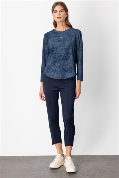 On Batik Desenli Uzun Kol Bluz INDIGO