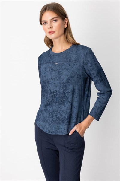 On Batik Desenli Uzun Kol Bluz INDIGO