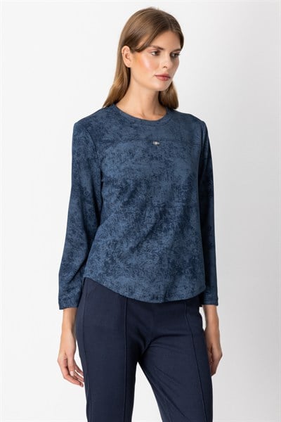 On Batik Desenli Uzun Kol Bluz INDIGO