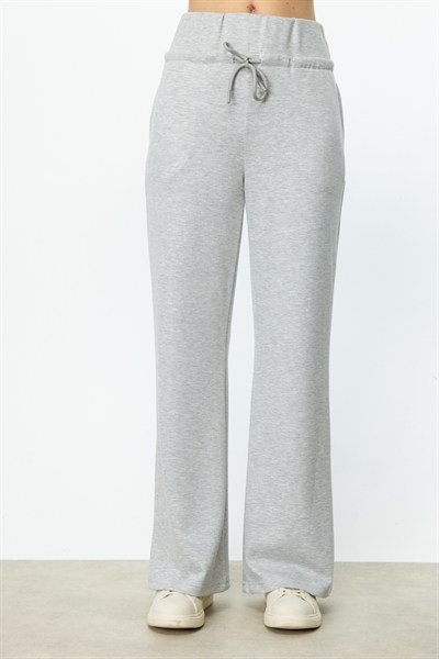 On Beli Bağcıklı Bol Paça Pantolon GRI