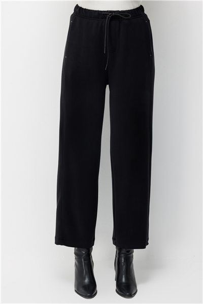 On Beli Bağcıklı Bol Paça Pantolon Siyah