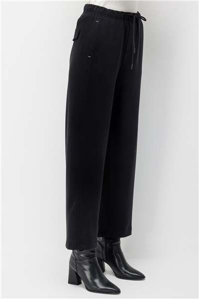 On Beli Bağcıklı Bol Paça Pantolon Siyah