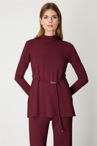 On Beli Bağcıklı Dik Yaka Bluz BORDO