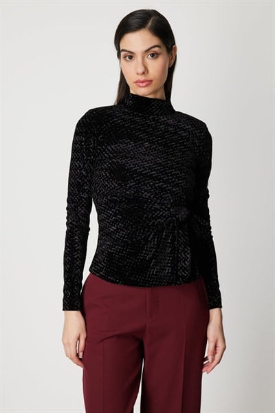 On Beli Bağlamalı Dokulu Bluz BLACK