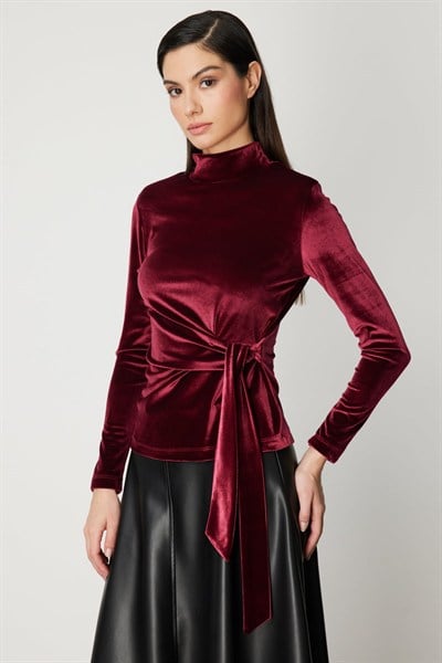 On Beli Bağlamalı Dokulu Bluz BORDO